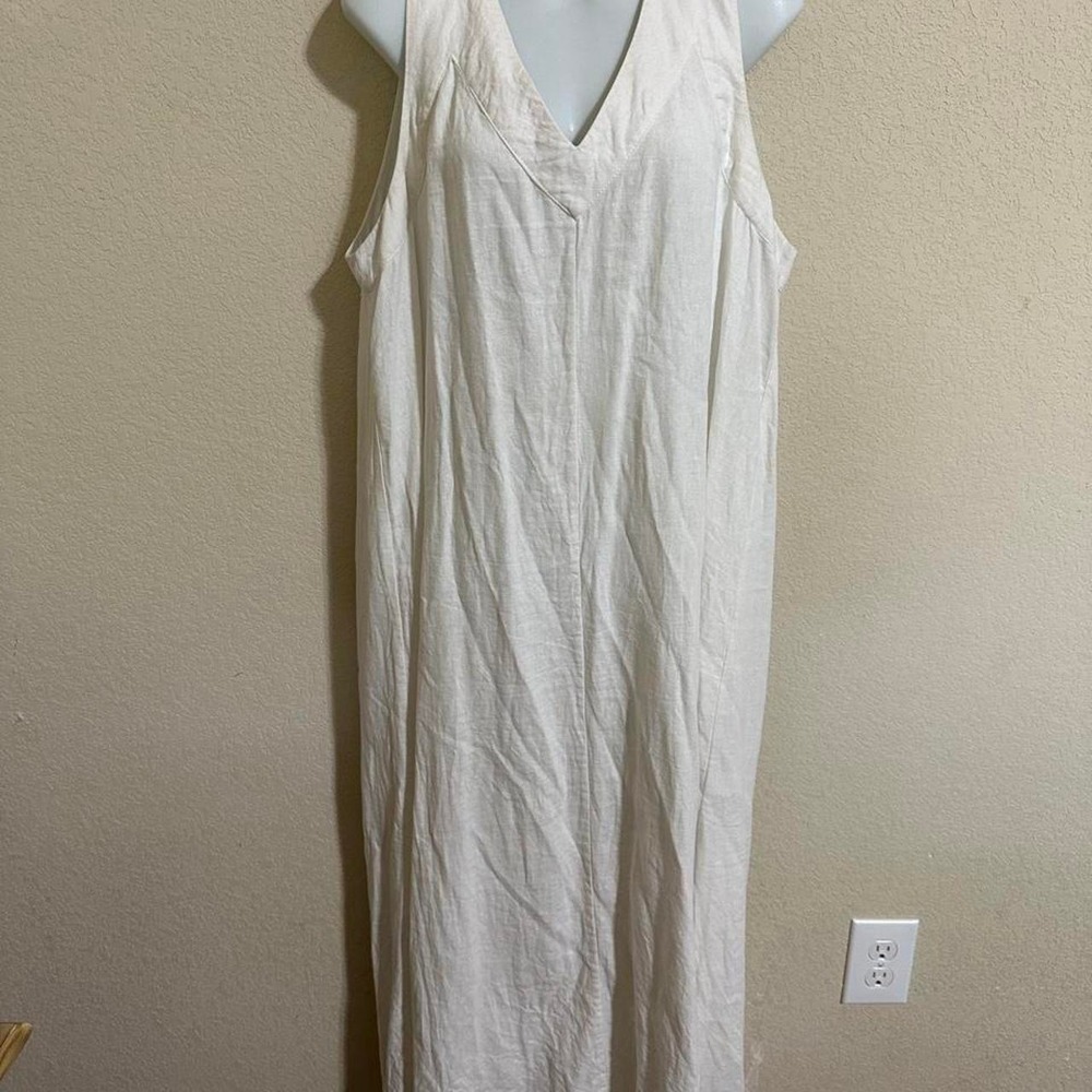 DKNY Women's Dress L - White Linen Maxi Beach Vacation Cruise Tropical Casual